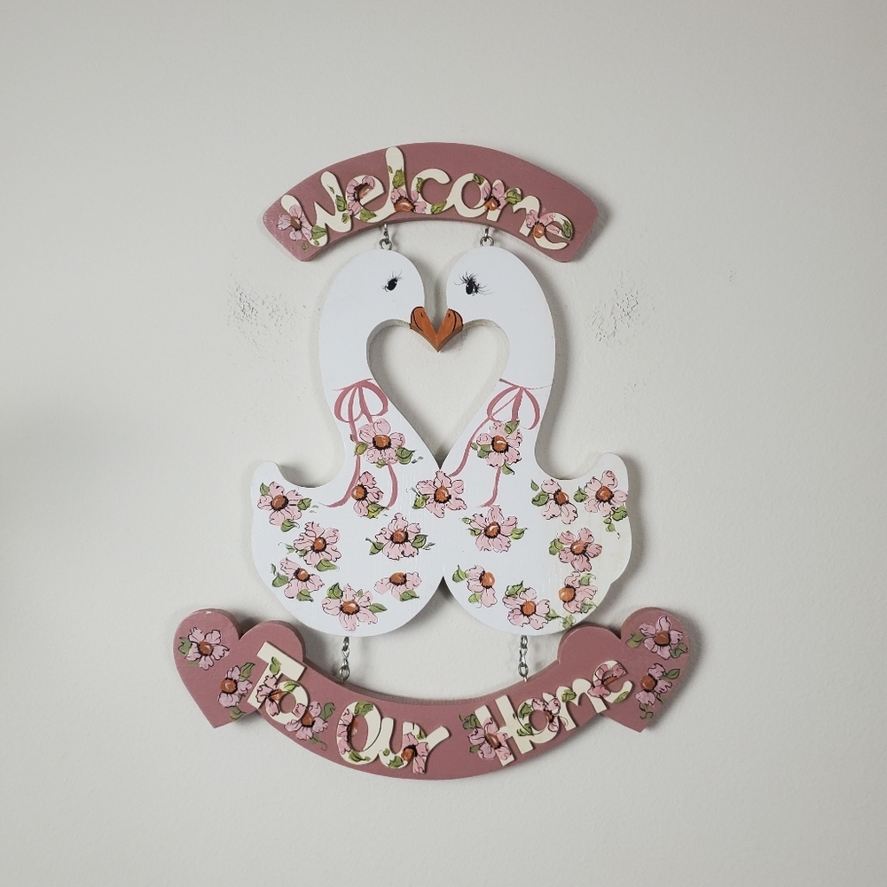Floral Swan Wooden Wall Sign Pink Hues Hand Painted - Picture 2 of 11